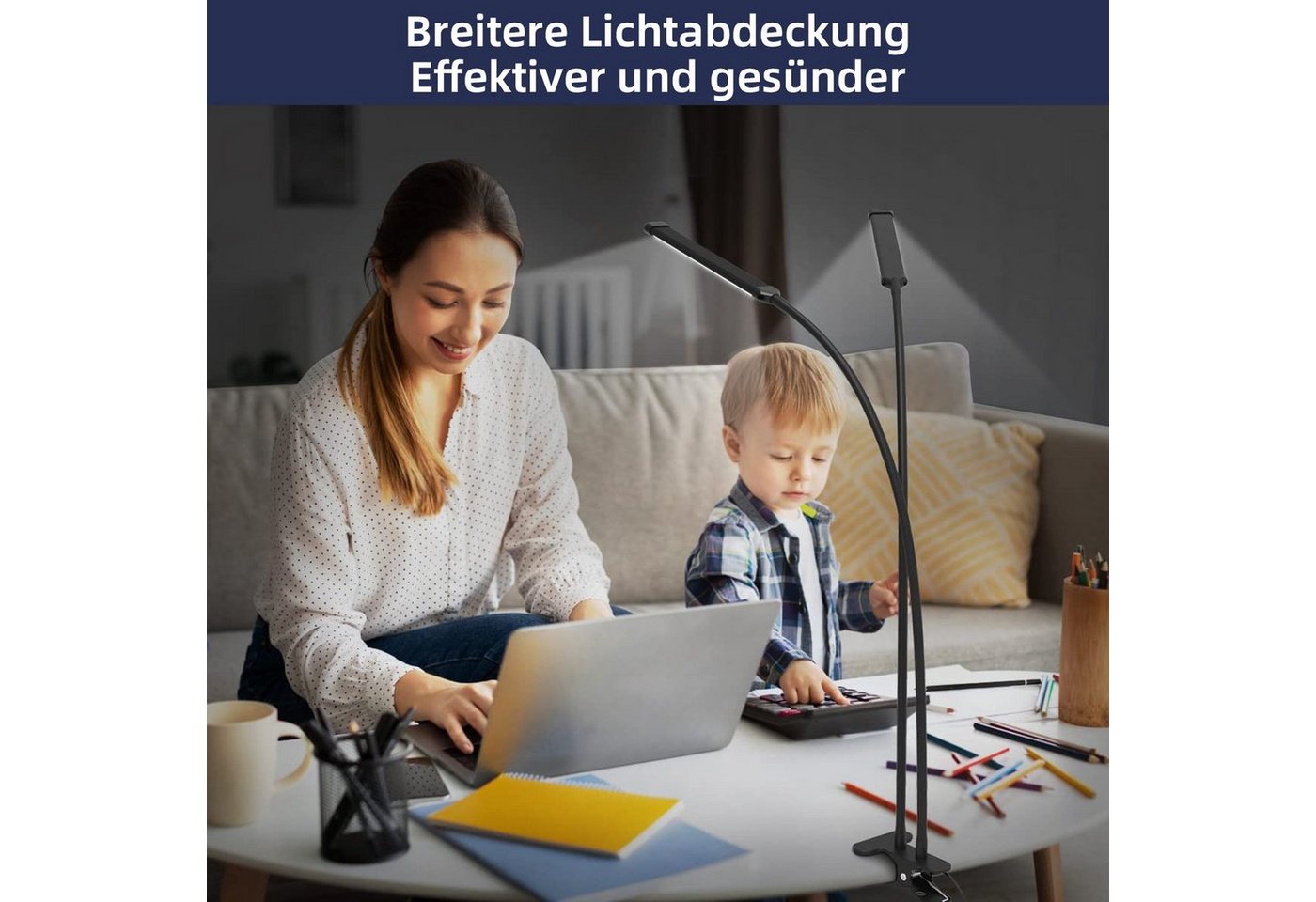 Rosnek LED Tischleuchte Zwei Köpfe, 3 Farben, dimmbar, für Zuhause Büro Schreibtisch Lesen, 3000K Warmweiß, 4500K Naturweiß, 6500K Kaltweiß, flexibler Schwanenh – Bild 5 von 5