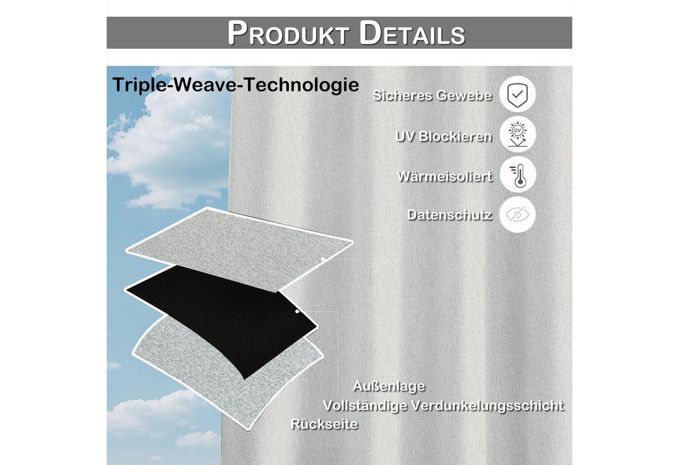 Rosnek Outdoorvorhang 100% Blickdicht, Wasserabweisend & Winddicht, Sonnenschutz Gardinen (2 St), Extra breit, Ösen oben & Back-Tabs unten, für Terrasse und Bal – Bild 4 von 5