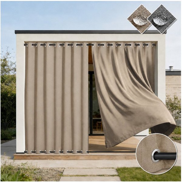 Rosnek Outdoorvorhang 100% Blickdicht & Wasserdicht - Verdunklungsvorhang mit Ösen, Sonnenschutz Sichtschutz für Balkon Terrasse, Leinenoptik Taupe/Grau