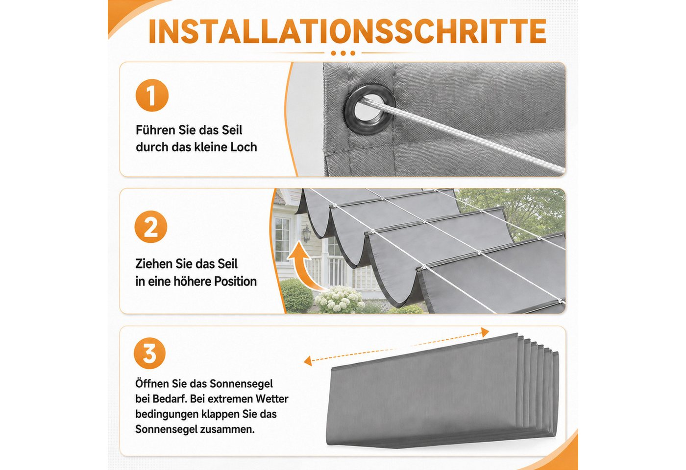 Rosnek Sonnensegel mit Ösen, 95% UV-Schutz, Wasserdicht & Windfest, Wellenförmiges Schattendach für Garten, Terrasse & Balkon – Bild 3 von 5