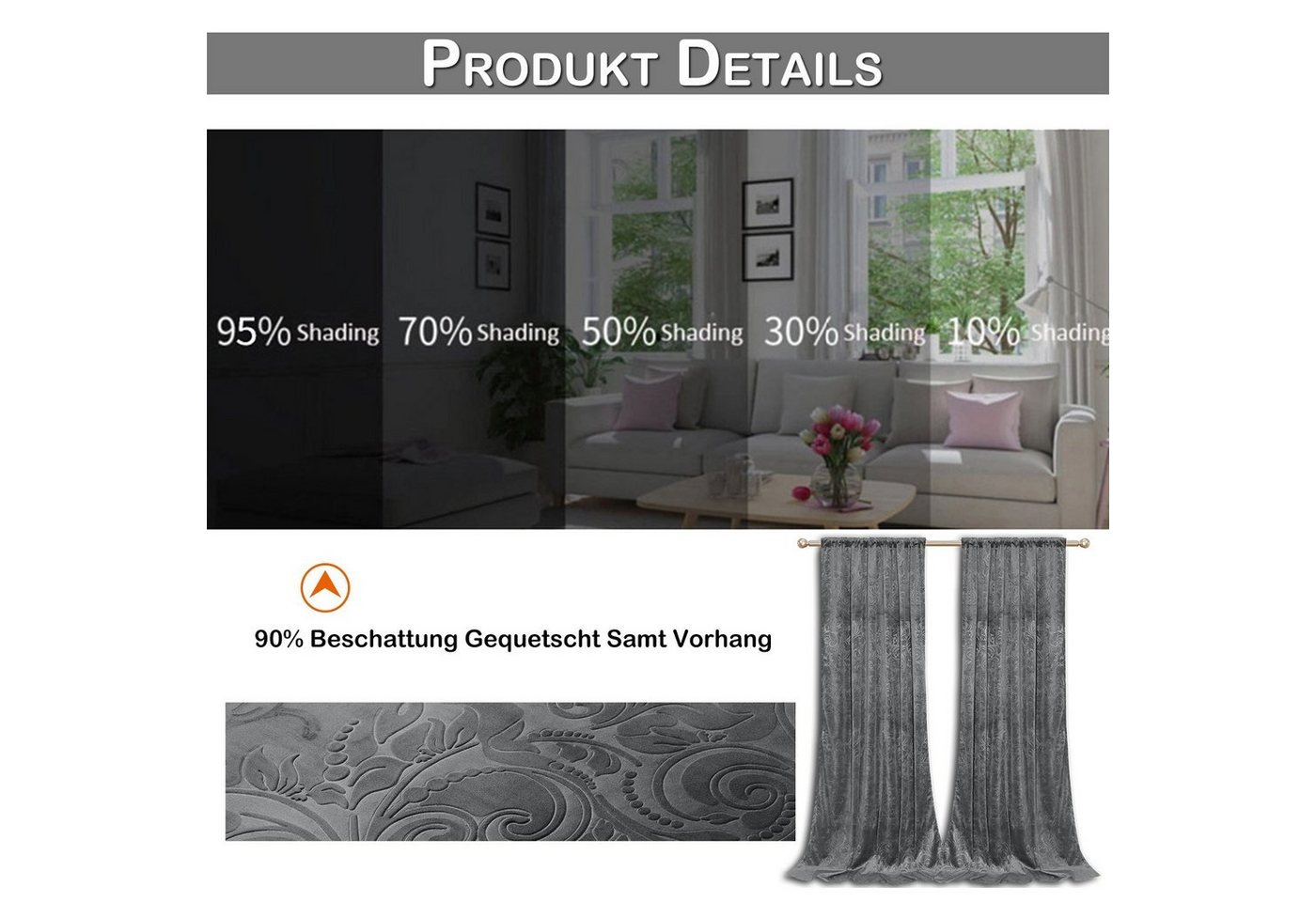 Rosnek Vorhang Luxuriöser, geblümter Samt, für Wohnzimmer Schlafzimmer Deko (2 St), Stangendurchzug, verdunkelnd, H×B: 183×132,213×132,244×132,274×132,304×132 – Bild 3 von 5