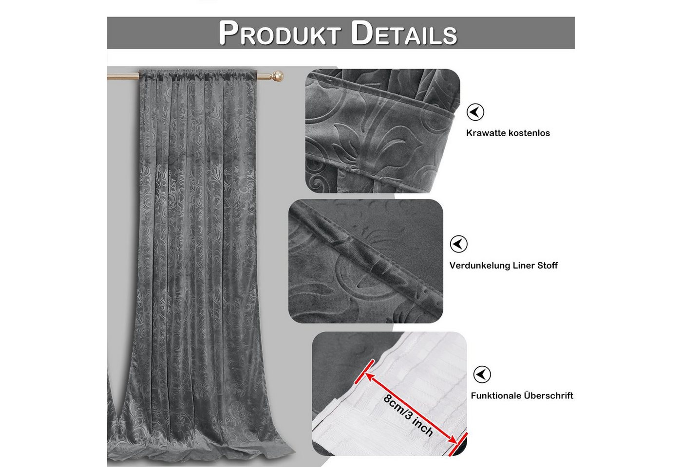 Rosnek Vorhang Luxuriöser, geblümter Samt, für Wohnzimmer Schlafzimmer Deko (2 St), Stangendurchzug, verdunkelnd, H×B: 183×132,213×132,244×132,274×132,304×132 – Bild 4 von 5