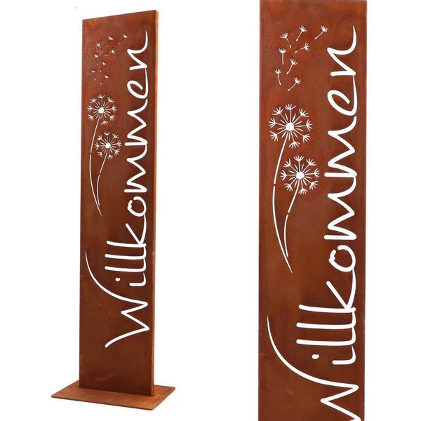 Rostikal Deko-Schriftzug Willkommen Stele Pusteblume Gartendeko Edelrost Cortenstahl, Dekorative Metallstele mit feinem Motiv, Gartenbereich & Eingangszone