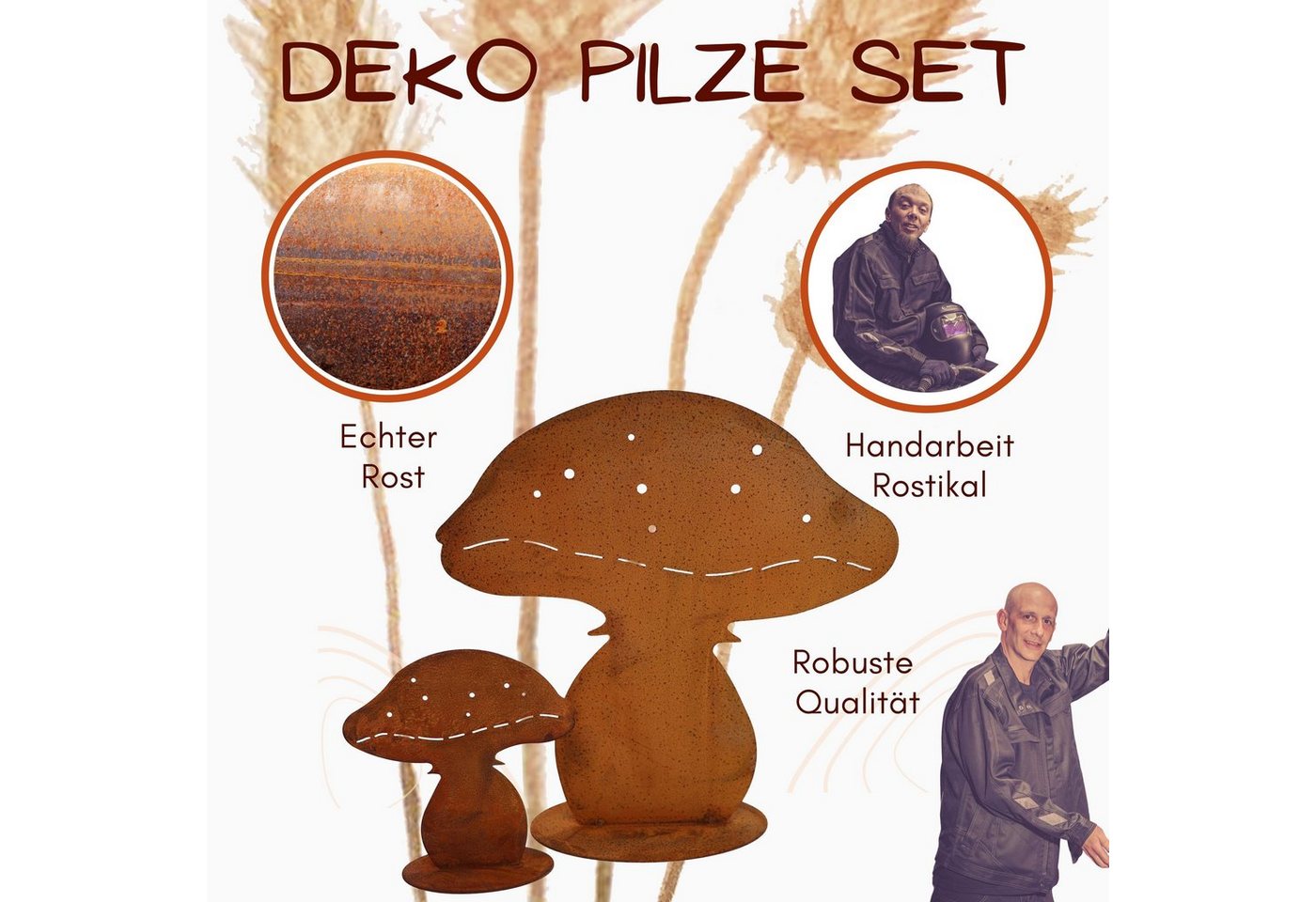 Rostikal Gartenfigur Edelrost Pilzfigur 2er-Set – Herbstdeko aus Metall für Garten & Beet, (Set), Wetterfeste Rost Pilz Deko – ganzjährig für draußen nutzbar – Bild 3 von 5