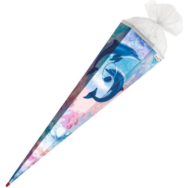 Roth Schultüte Delfine, 85 cm, eckig, mit weißem Tüllverschluss, Zuckertüte für Schulanfang