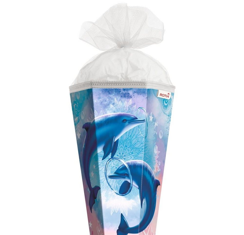 Roth Schultüte Delfine, 85 cm, eckig, mit weißem Tüllverschluss, Zuckertüte für Schulanfang – Bild 2 von 5
