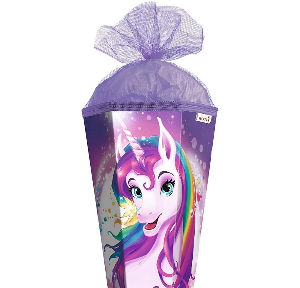 Roth Schultüte Einhornportrait, 85 cm, eckig, lilafarbiger Tüllverschluss, Zuckertüte für Schulanfang – Bild 3 von 5