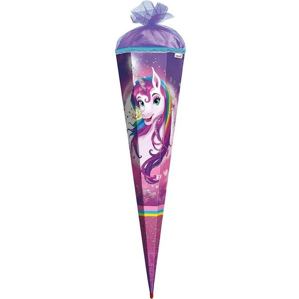 Roth Schultüte Einhornportrait mit Glitzer, 85 cm, eckig, lilafarbiger Tüllverschluss, Zuckertüte für Schulanfang