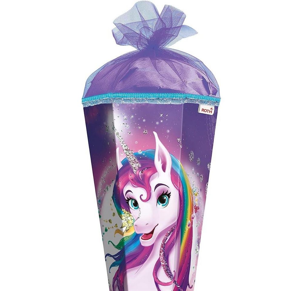 Roth Schultüte Einhornportrait mit Glitzer, 85 cm, eckig, lilafarbiger Tüllverschluss, Zuckertüte für Schulanfang – Bild 2 von 5