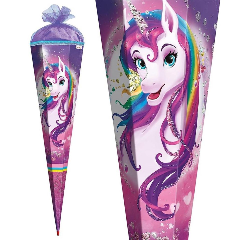Roth Schultüte Einhornportrait mit Glitzer, 85 cm, eckig, lilafarbiger Tüllverschluss, Zuckertüte für Schulanfang – Bild 3 von 5