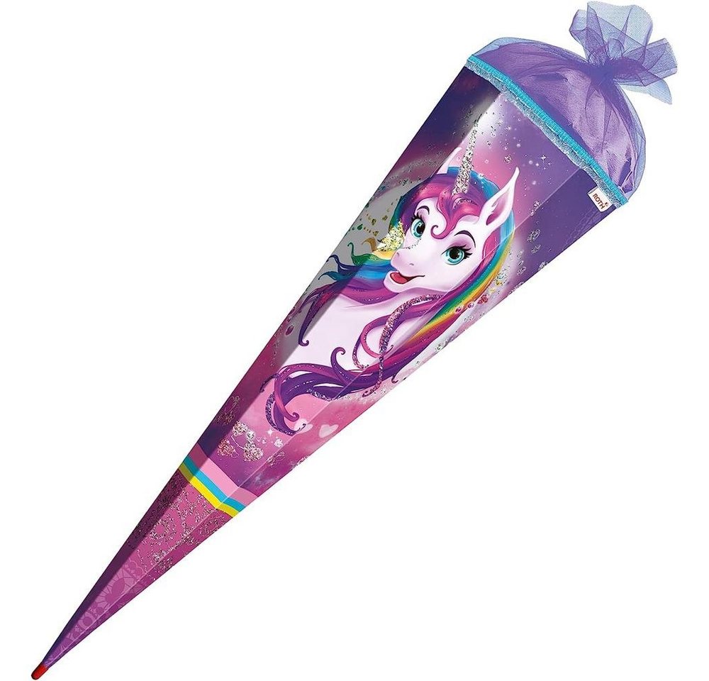 Roth Schultüte Einhornportrait mit Glitzer, 85 cm, eckig, lilafarbiger Tüllverschluss, Zuckertüte für Schulanfang – Bild 4 von 5