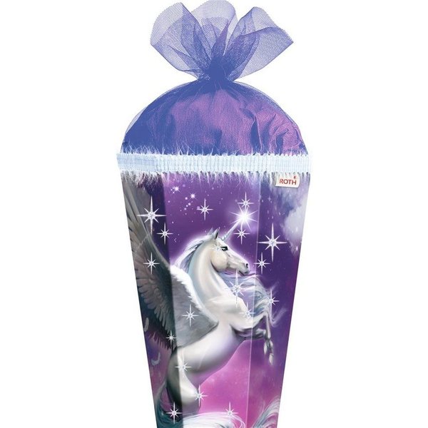 Roth Schultüte Magic Pegasus mit Glitter und Glitzerborte, 85 cm, eckig, mit lilafarbigem Tüllverschluss, Rot(h)-Spitze