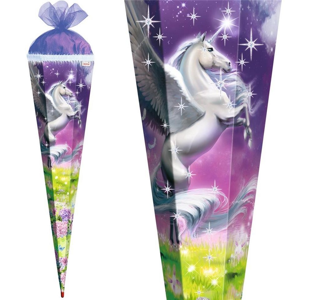 Roth Schultüte Magic Pegasus mit Glitter und Glitzerborte, 85 cm, eckig, mit lilafarbigem Tüllverschluss, Rot(h)-Spitze – Bild 2 von 5