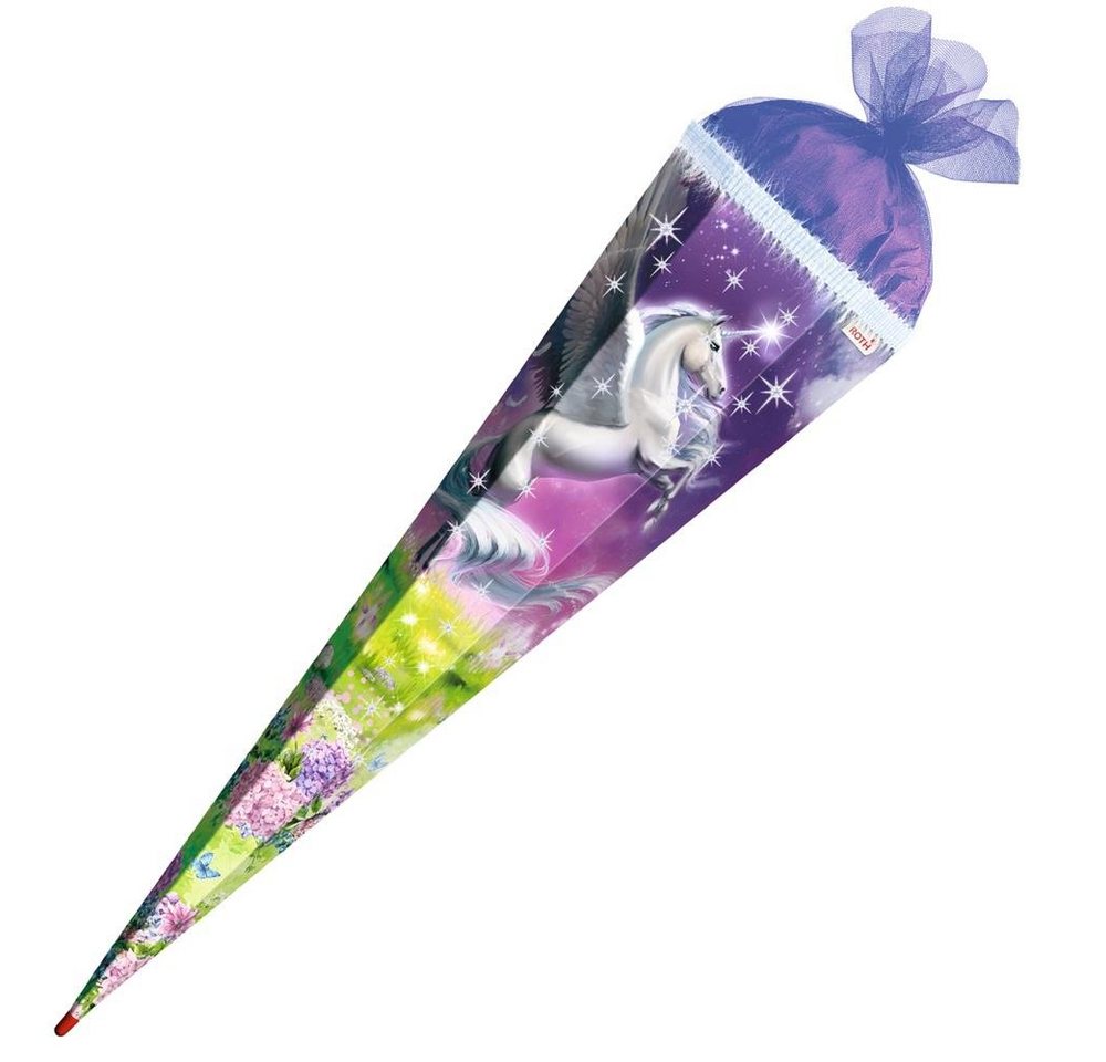 Roth Schultüte Magic Pegasus mit Glitter und Glitzerborte, 85 cm, eckig, mit lilafarbigem Tüllverschluss, Rot(h)-Spitze – Bild 3 von 5