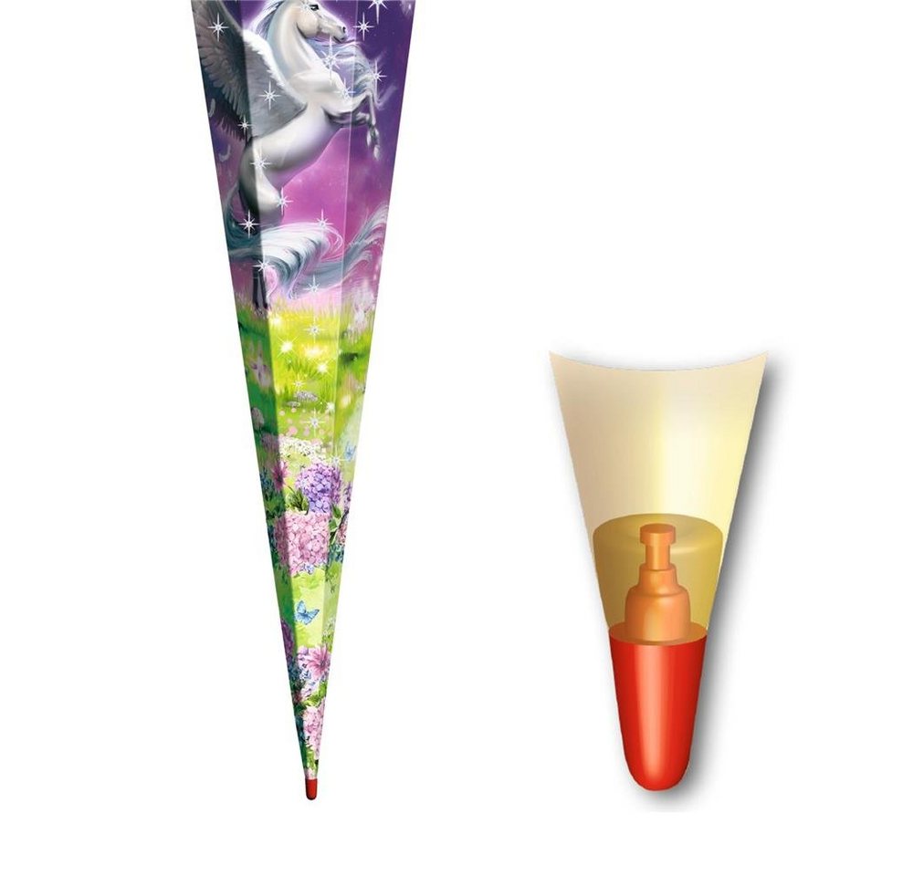 Roth Schultüte Magic Pegasus mit Glitter und Glitzerborte, 85 cm, eckig, mit lilafarbigem Tüllverschluss, Rot(h)-Spitze – Bild 5 von 5