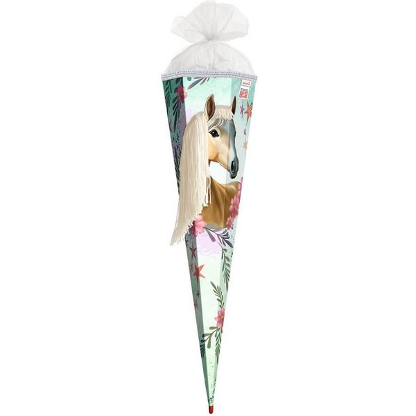 Roth Schultüte Pferd Bella, 85 cm mit Wollmähne, 6-eckig, Tüllverschluss, Glitzerborte