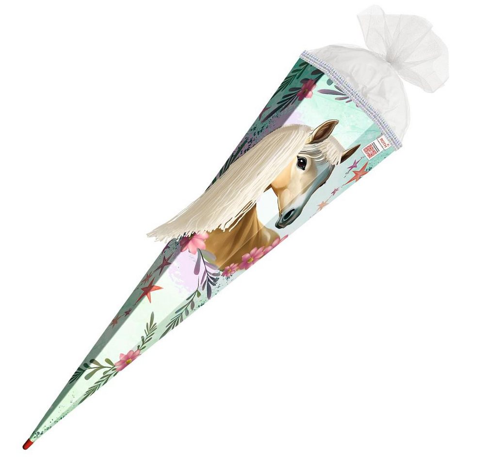 Roth Schultüte Pferd Bella, 85 cm mit Wollmähne, 6-eckig, Tüllverschluss, Glitzerborte – Bild 4 von 5