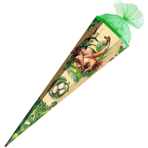 Roth Schultüte Veganosaurus / Dinosaurier, 85 cm, eckig, mit grünem Tüllverschluss, Zuckertüte für Schulanfang