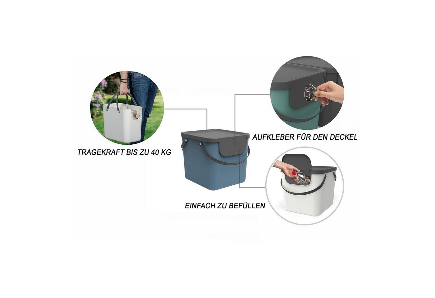 rotho Abfallbehälter "ALBULA" aus Recyclingkunststoff, 40 l, horizon blue – Bild 3 von 5