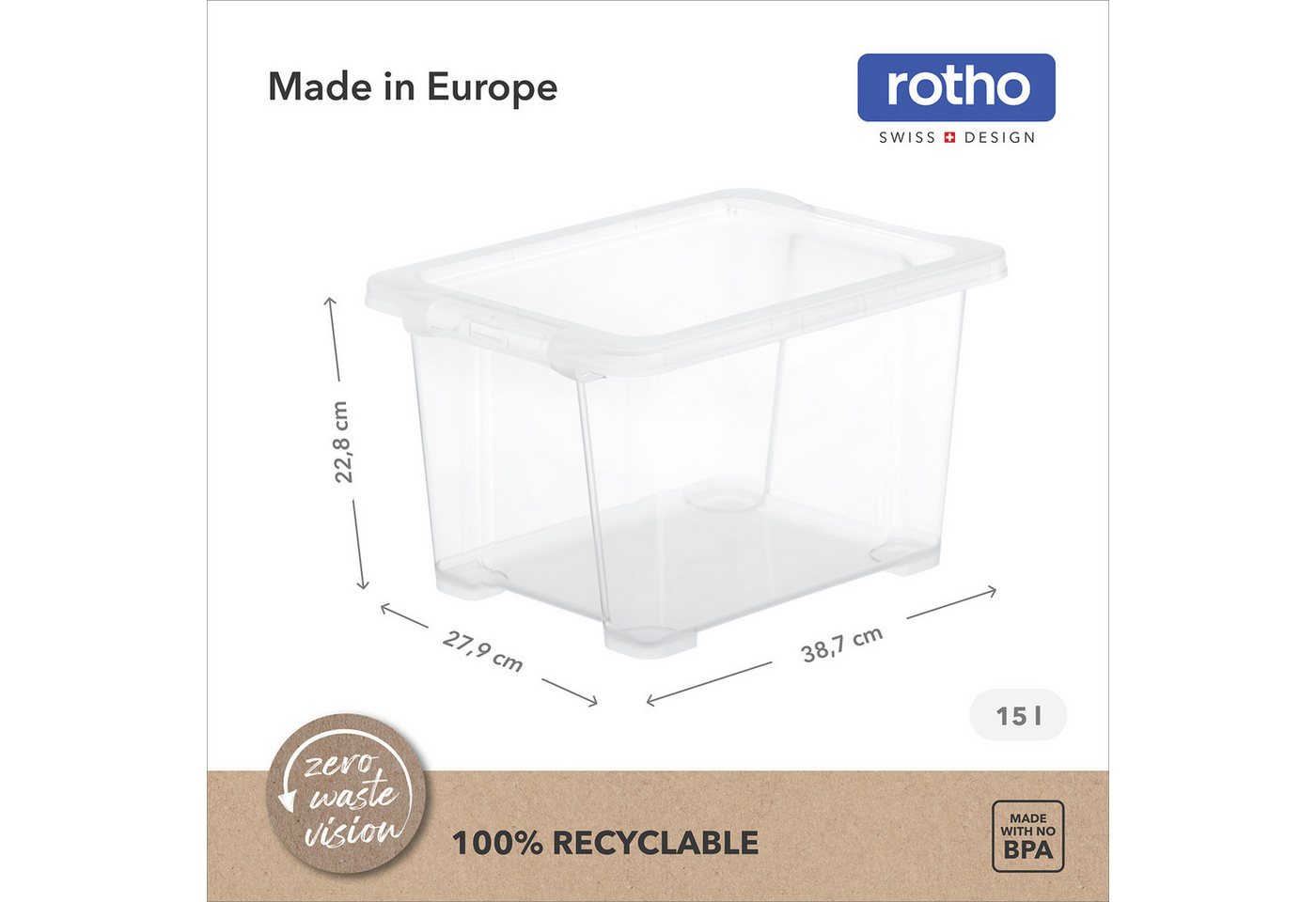 ROTHO Aufbewahrungsbox 4er-Set CORE BASIC 15L stapelbar transparente Box mit Deckel (Sichtboxen-Set, 4er-Set), Lagerbox ideal für Spielzeug, Bastelmaterial und  – Bild 3 von 5