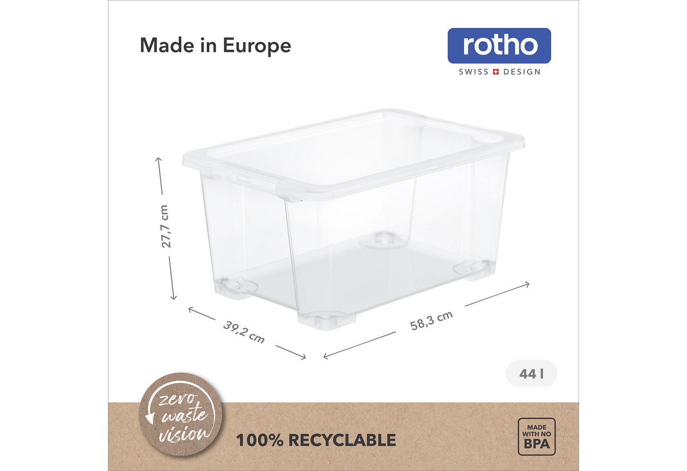 ROTHO Aufbewahrungsbox 4er-Set CORE BASIC 44L stapelbar transparente Box mit Deckel (Sichtboxen-Set, 4er-Set), Kunststoffbox ideal für Kleidung, Spielzeug und H – Bild 3 von 5