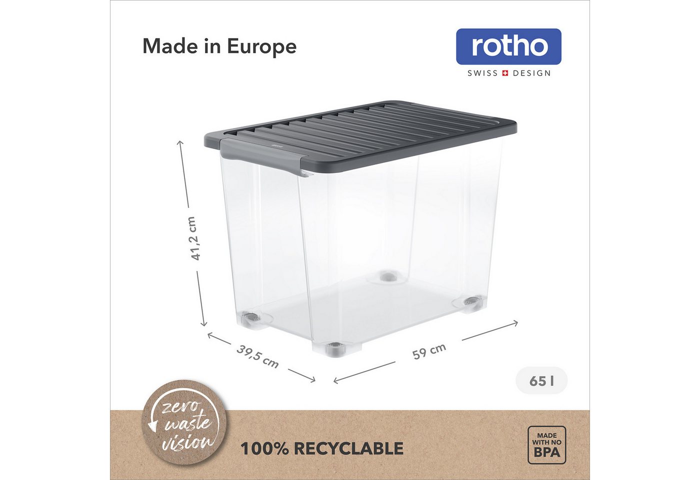 ROTHO Aufbewahrungsbox 4er-Set CORE PLUS 65 L stapelbare Box mit Deckel und Räder (Lagerboxen-Set, 4er-Set), große Rollbox ideal für Kleidung, Decken und Hausha – Bild 3 von 5