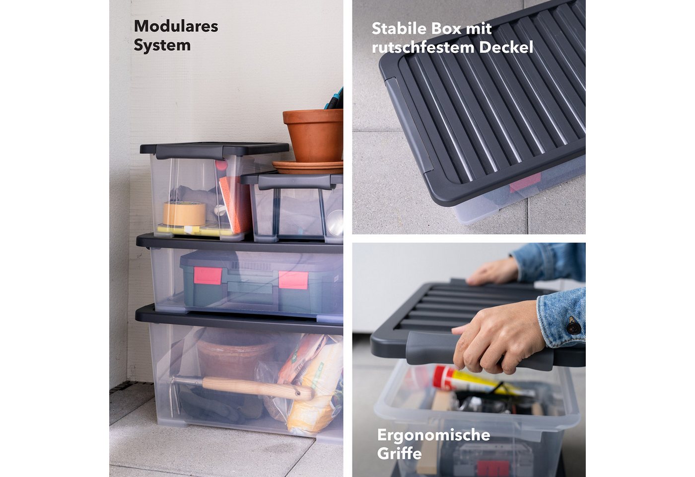 ROTHO Aufbewahrungsbox 4er-Set CORE PLUS 65 L stapelbare Box mit Deckel und Räder (Lagerboxen-Set, 4er-Set), große Rollbox ideal für Kleidung, Decken und Hausha – Bild 4 von 5