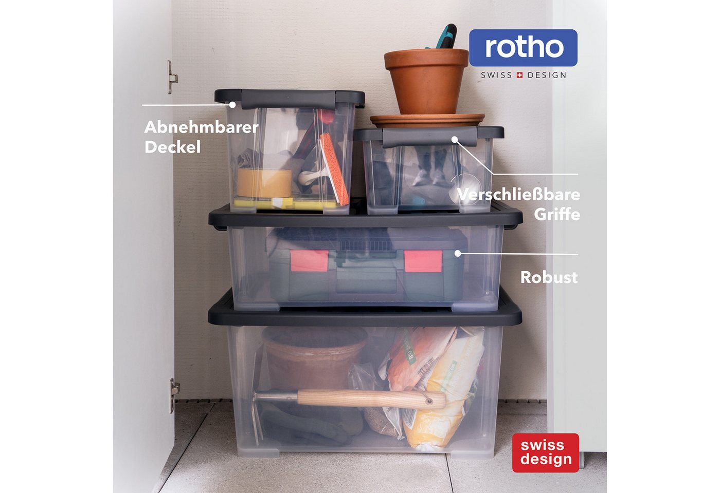 ROTHO Aufbewahrungsbox 4er-Set CORE PLUS 65 L stapelbare Box mit Deckel und Räder (Lagerboxen-Set, 4er-Set), große Rollbox ideal für Kleidung, Decken und Hausha – Bild 5 von 5