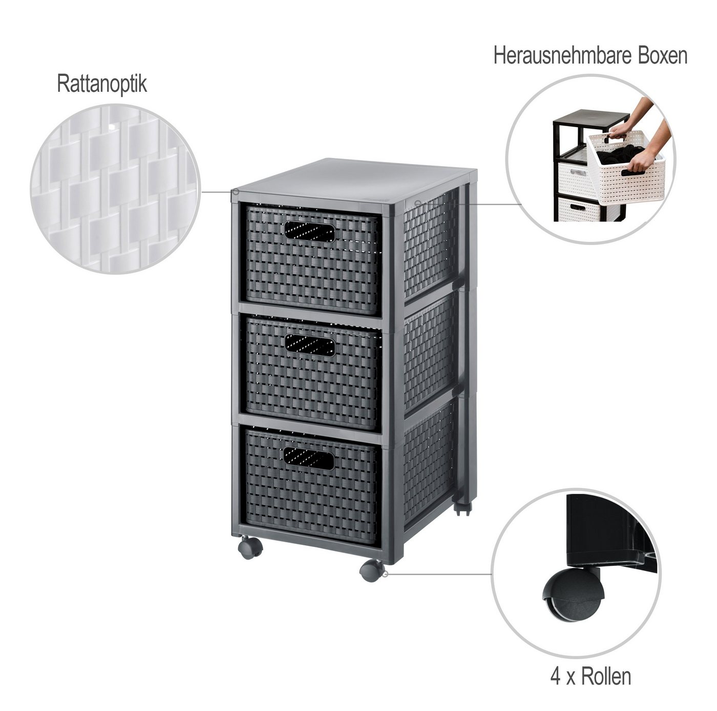 ROTHO Aufbewahrungsbox Country Rollcontainer mit 3 Schubladen in Rattan-Optik – Bild 3 von 5