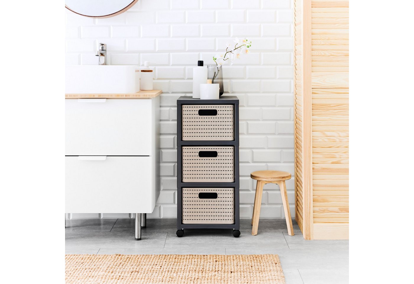 ROTHO Aufbewahrungsbox Country Rollcontainer mit 3 Schubladen in Rattan-Optik – Bild 2 von 5