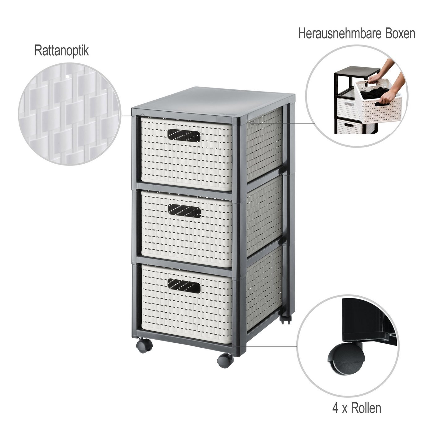 ROTHO Aufbewahrungsbox Country Rollcontainer mit 3 Schubladen in Rattan-Optik – Bild 3 von 5