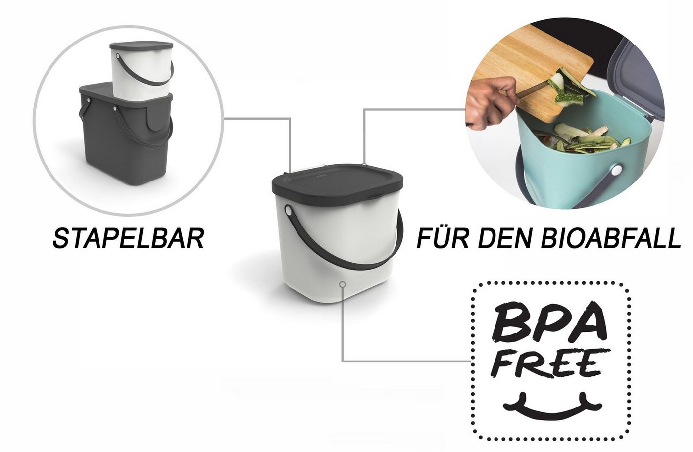 ROTHO Biomülleimer Albula 2er-Set Komposteimer 6l – kompakte Müllbehälter ideal für Küche, Stapelbar, mit Griff & Deckel – 6 l Recycling-Set für jeden Raum – Bild 3 von 5