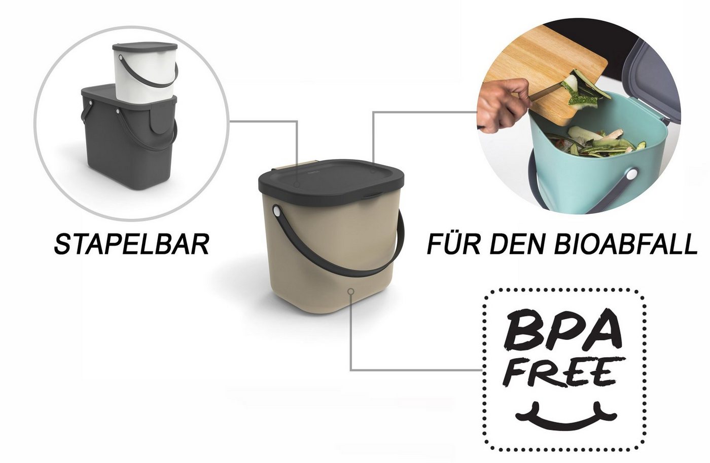 ROTHO Biomülleimer Albula 2er-Set Komposteimer 6l – kompakte Müllbehälter ideal für Küche, Stapelbar, mit Griff & Deckel – 6 l Recycling-Set für jeden Raum – Bild 3 von 5