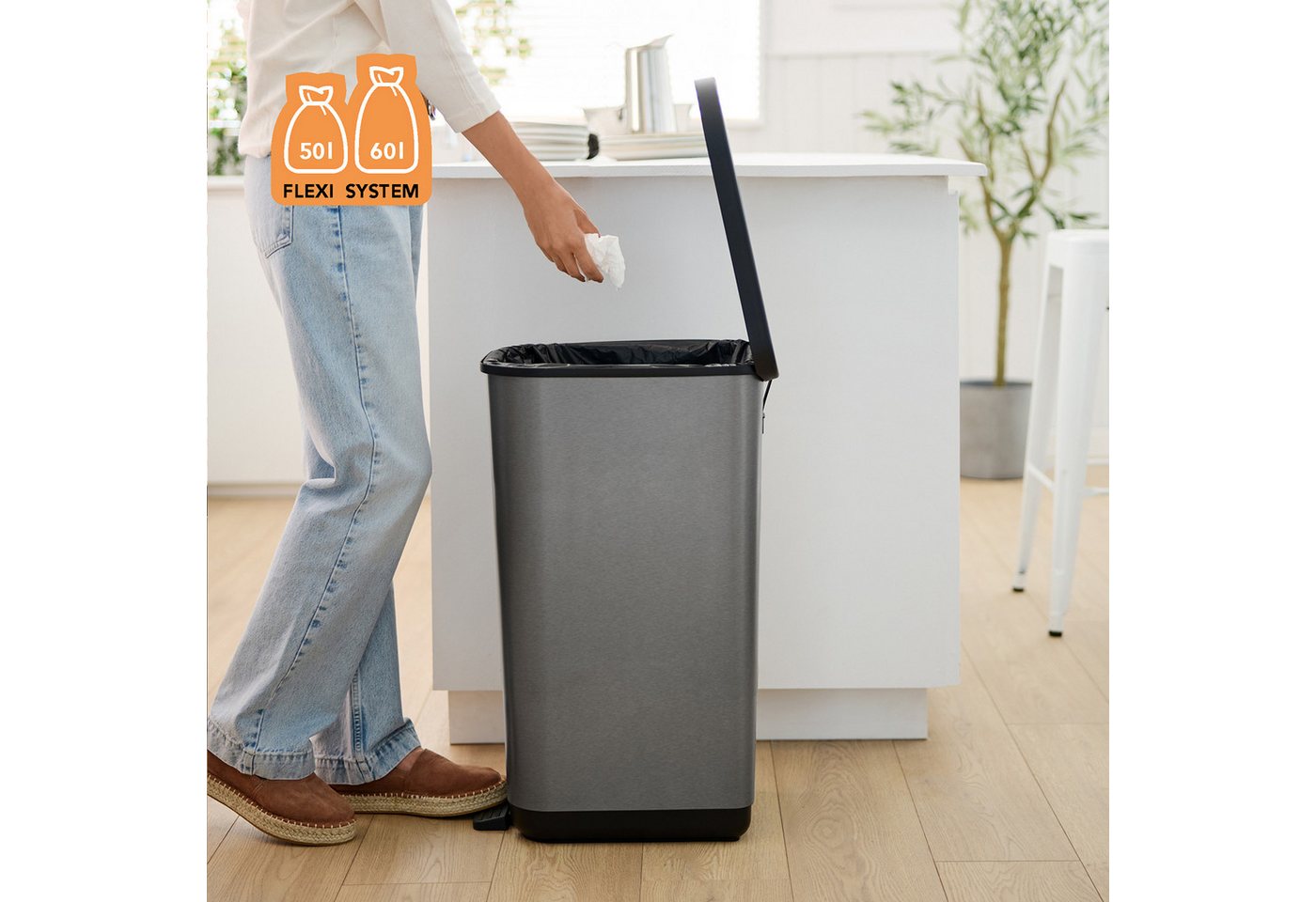 ROTHO Mülleimer Abfalleimer 60 L ORBE gross - Treteimer - mit Fußpedal und Deckel, perfekt als Gelber Sack Mülleimer – Bild 2 von 5