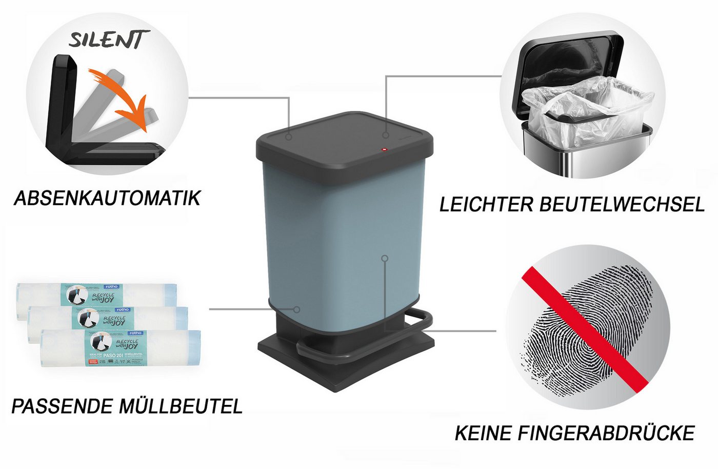 ROTHO Mülleimer Paso Mülleimer 20l mit Deckel, Kunststoff (PP recycelt), hergestellt in der Schweiz – Bild 3 von 5