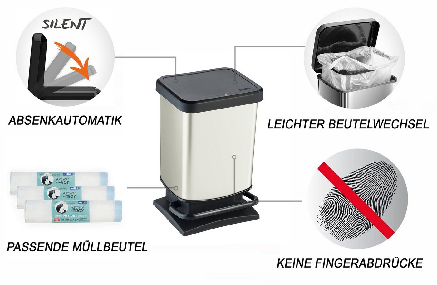 ROTHO Mülleimer Paso Mülleimer 20l mit Deckel, Kunststoff (PP), hergestellt in der Schweiz – Bild 3 von 5