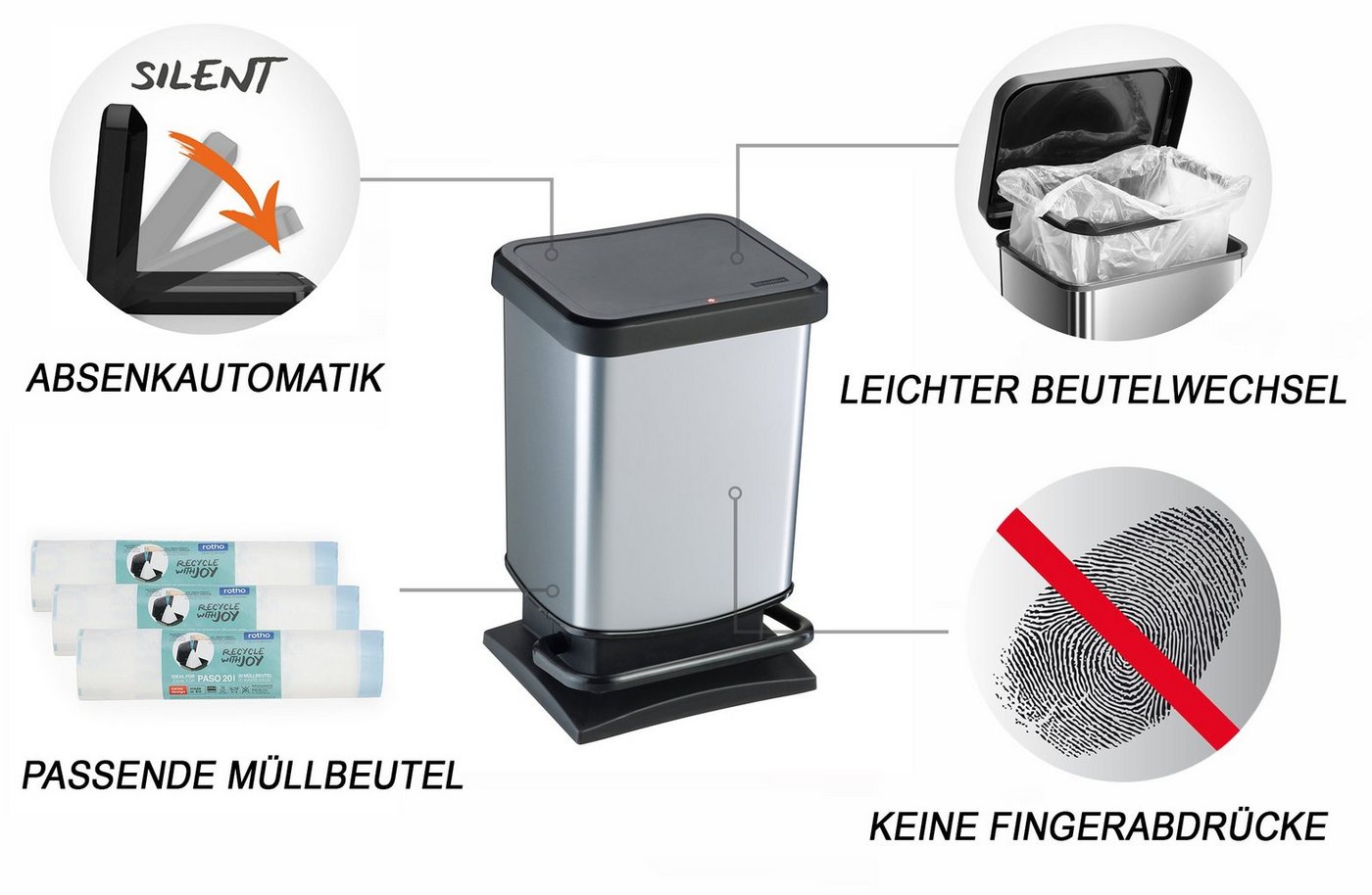 ROTHO Mülleimer Paso Mülleimer 20l mit Deckel, Kunststoff (PP), hergestellt in der Schweiz – Bild 3 von 5