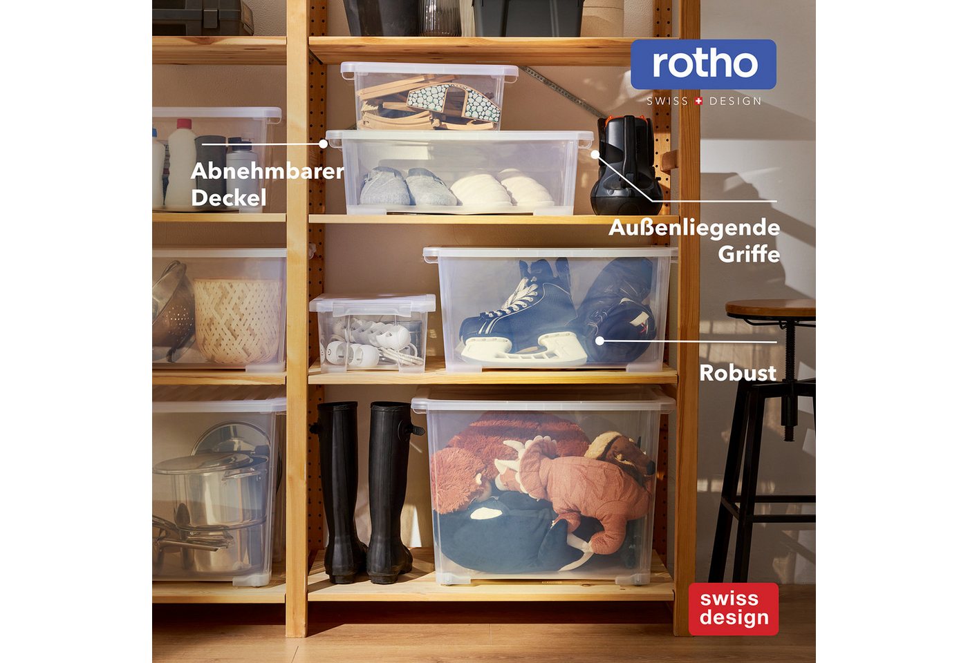 ROTHO Stapelbox 4er-Set CORE BASIC 11L stapelbar transparente Box mit Deckel (Sichtboxen-Set, 4er-Set), Sortierbox ideal für Büroartikel, Spielzeug und Zubehör – Bild 5 von 5
