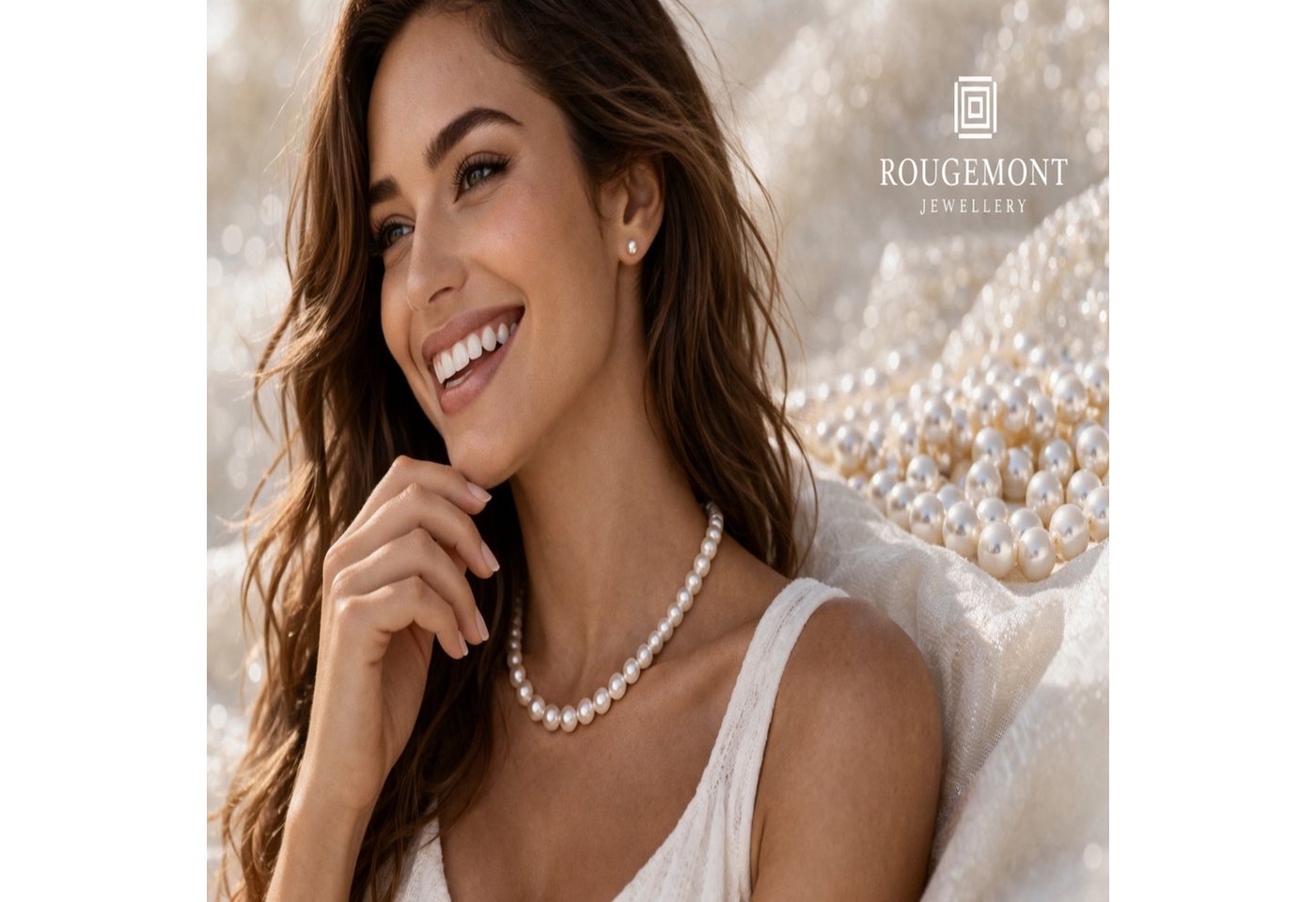 ROUGEMONT Perlenkette Elegante Damen Perlenkette Muschelperlen Halskette 45cm, Hypoallergen – Bild 3 von 5