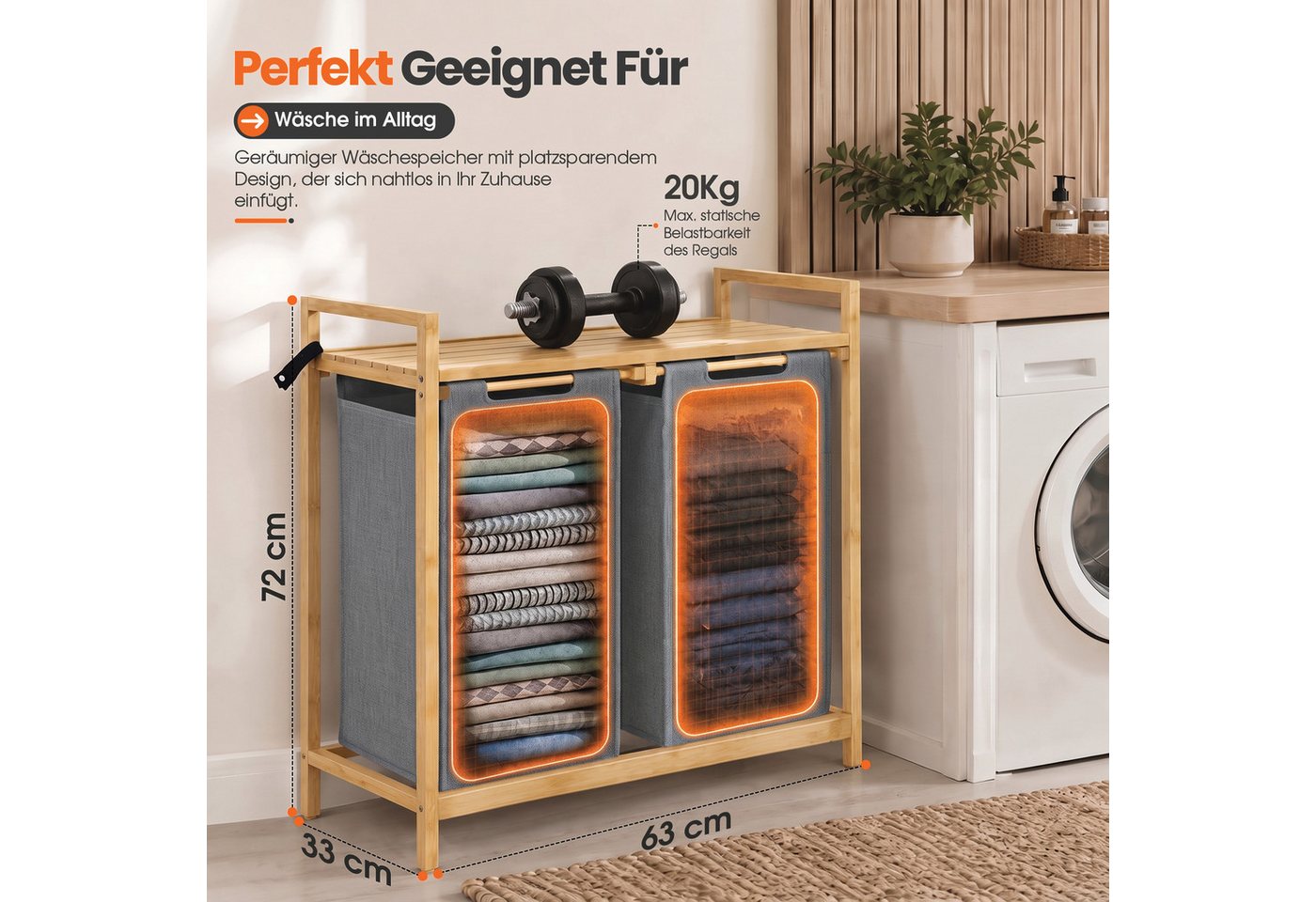 Roxlin Wäschekorb Bambus Wäschekorb 100L mit 2 Fächern Ablage und herausnehmbaren – Bild 2 von 5