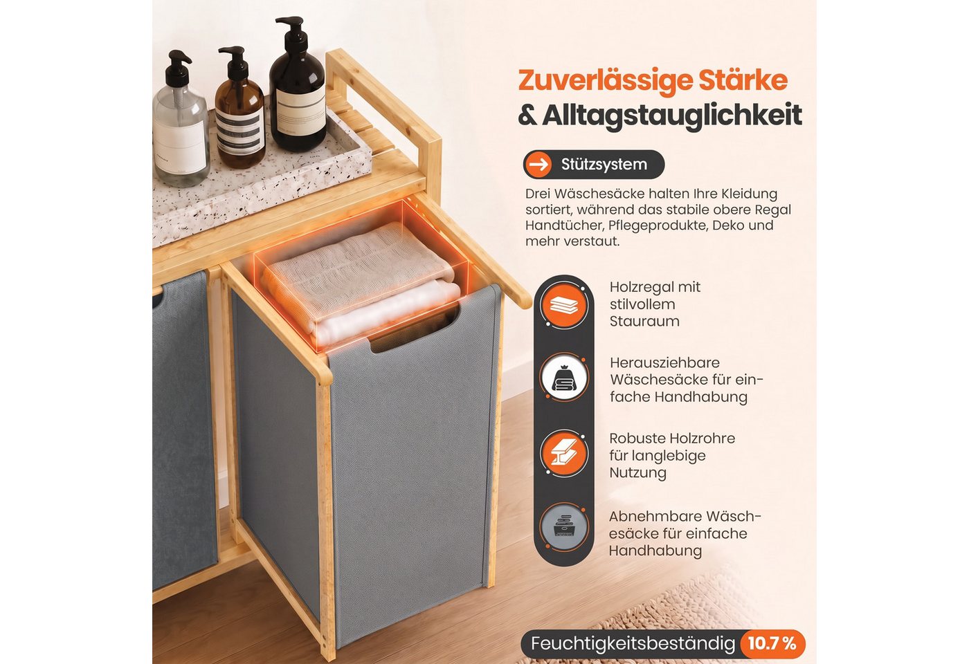 Roxlin Wäschekorb Bambus Wäschekorb 100L mit 2 Fächern Ablage und herausnehmbaren – Bild 3 von 5