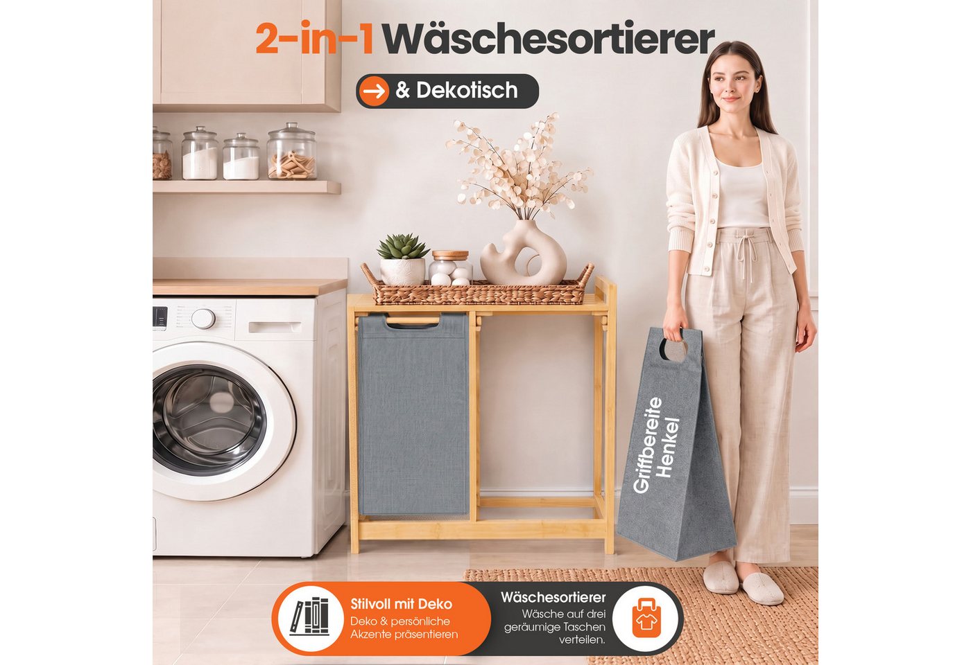 Roxlin Wäschekorb Bambus Wäschekorb 100L mit 2 Fächern Ablage und herausnehmbaren – Bild 5 von 5
