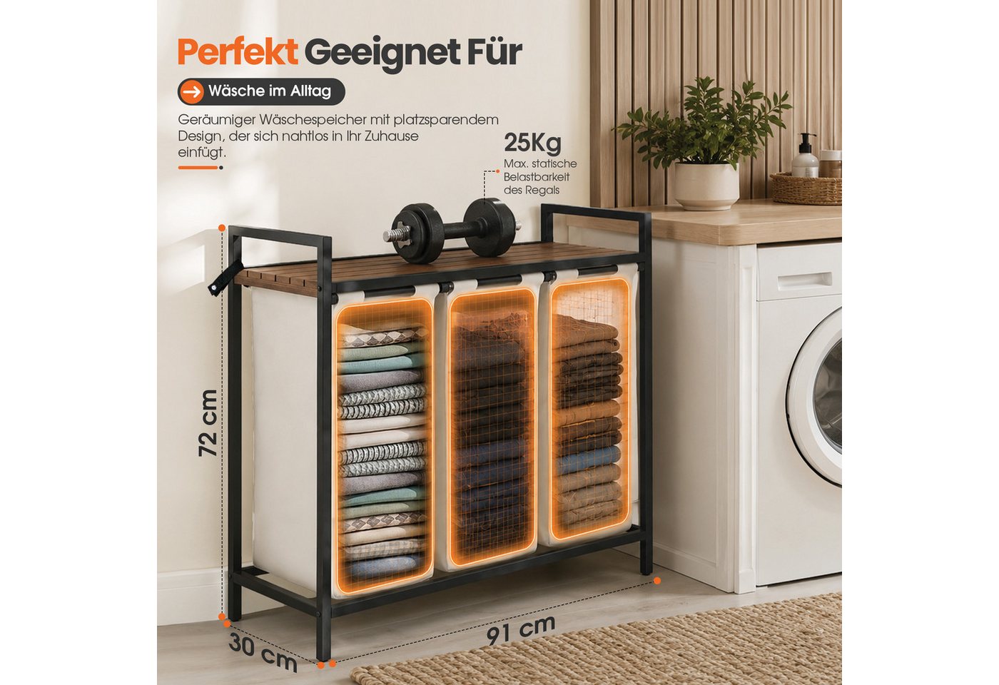 Roxlin Wäschekorb Wäschekorb mit 2/3 Fächern und Ablage Wäschesammler für Bad & Haushalt – Bild 2 von 5