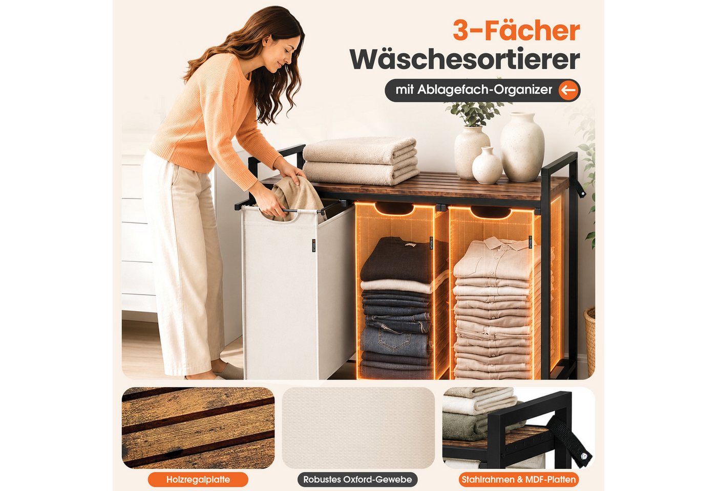 Roxlin Wäschekorb Wäschekorb mit 2/3 Fächern und Ablage Wäschesammler für Bad & Haushalt – Bild 5 von 5