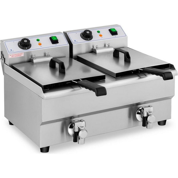 Royal Catering Fritteuse RCEF 10DB, 6000 W, 2 x 10 L Doppel Ablasshahn Edelstahl Elektro Kaltzone