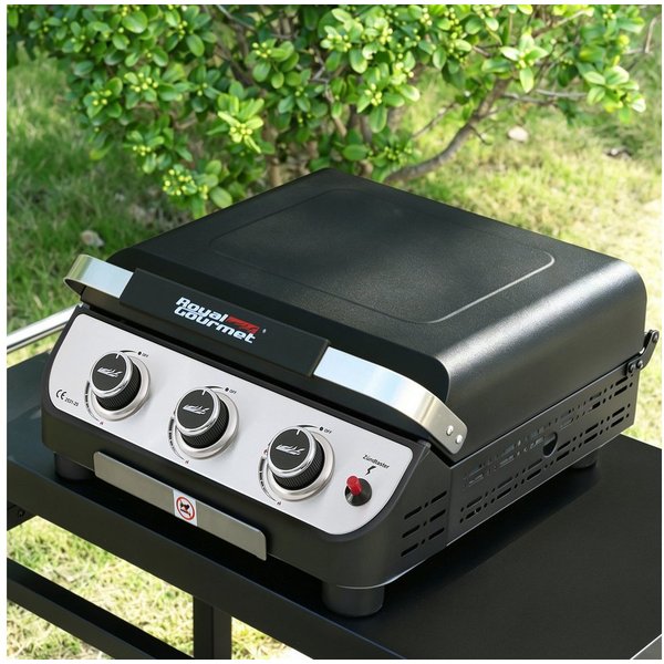 Royal Gourmet Gasgrill mit Deckel, 3 Brenner, 7,5 kW Grillplatte, für Camping & Garten, Abnehmbarer Fettbehälter