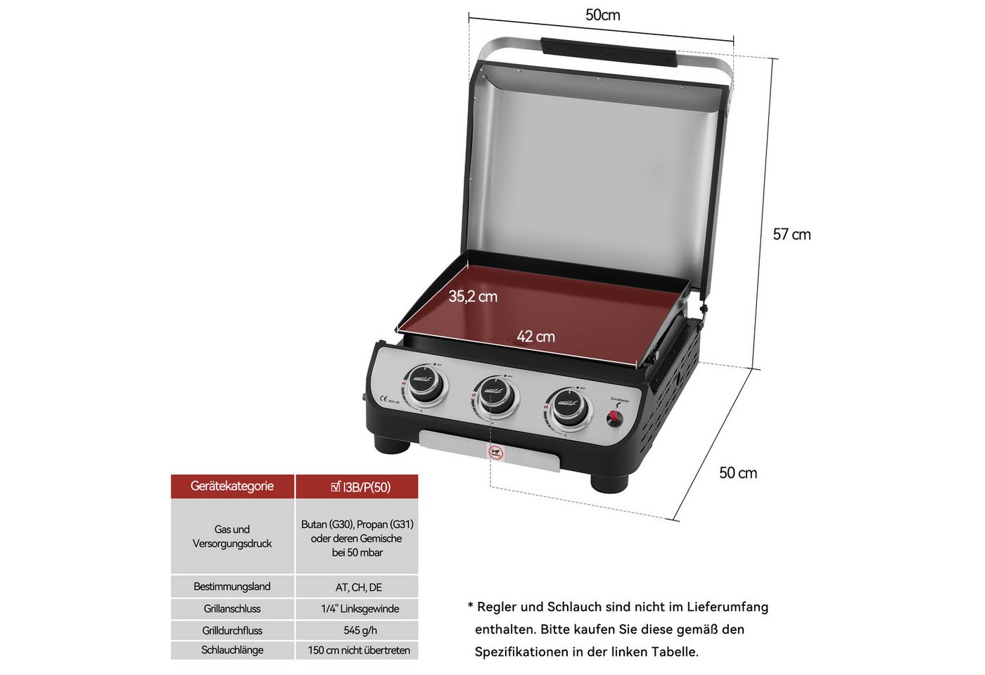 Royal Gourmet Gasgrill mit Deckel, 3 Brenner, 7,5 kW Grillplatte, für Camping & Garten, Abnehmbarer Fettbehälter – Bild 2 von 5
