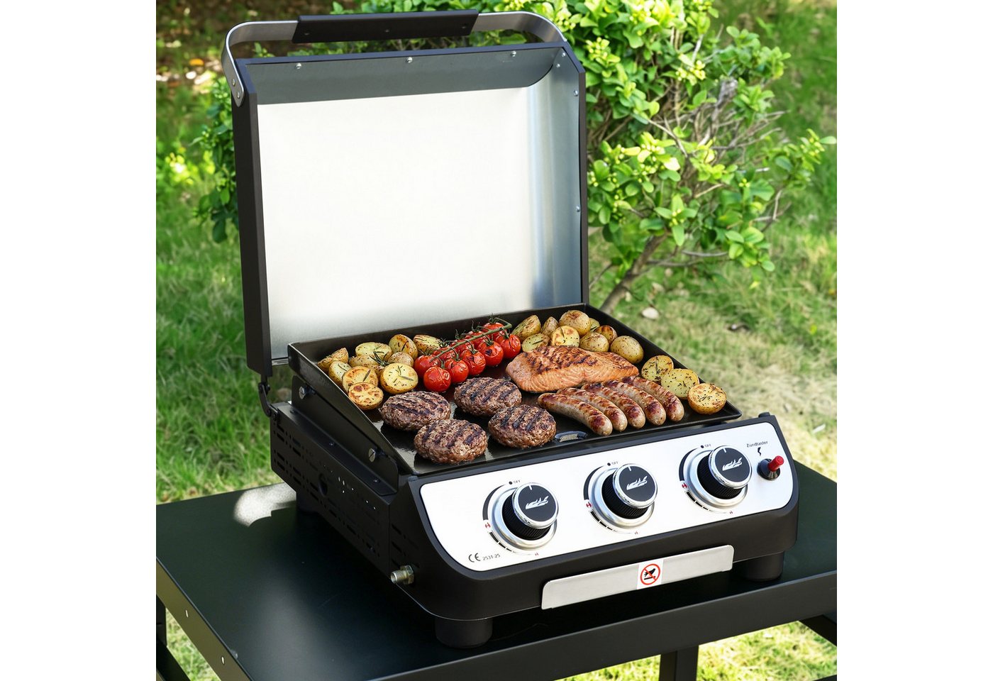Royal Gourmet Gasgrill mit Deckel, 3 Brenner, 7,5 kW Grillplatte, für Camping & Garten, Abnehmbarer Fettbehälter – Bild 4 von 5
