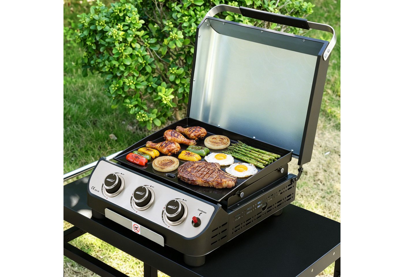 Royal Gourmet Gasgrill mit Deckel, 3 Brenner, 7,5 kW Grillplatte, für Camping & Garten, Abnehmbarer Fettbehälter – Bild 5 von 5