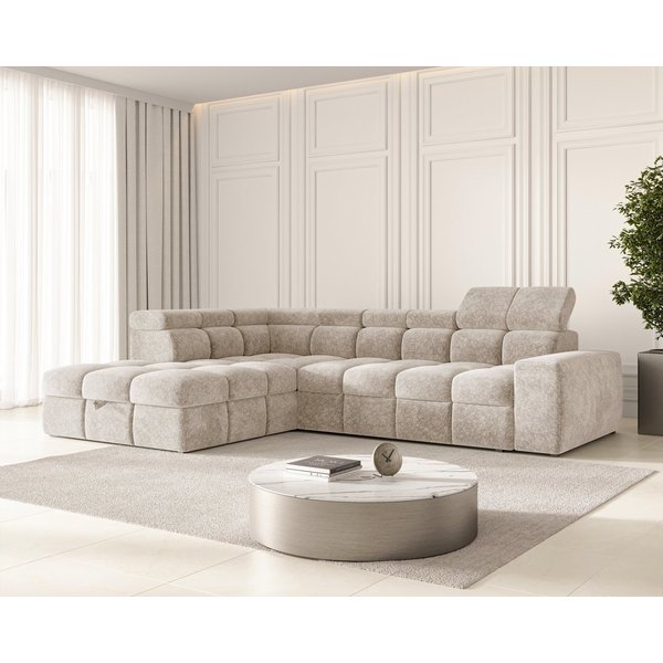 ROYAL24_MARKT Ecksofa - Bianco – Schlafsofa mit Bettkasten & Kopfstützen, Ecksofa 1 Teile, 6-fach verstellbare Kopfstützen, Schlaffunktion, Bettkasten